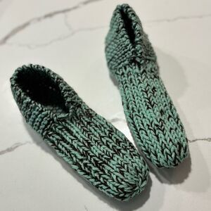 Handmade Knit Slipper Socks Green Brown Hand Made Comfy Winter House Shoes